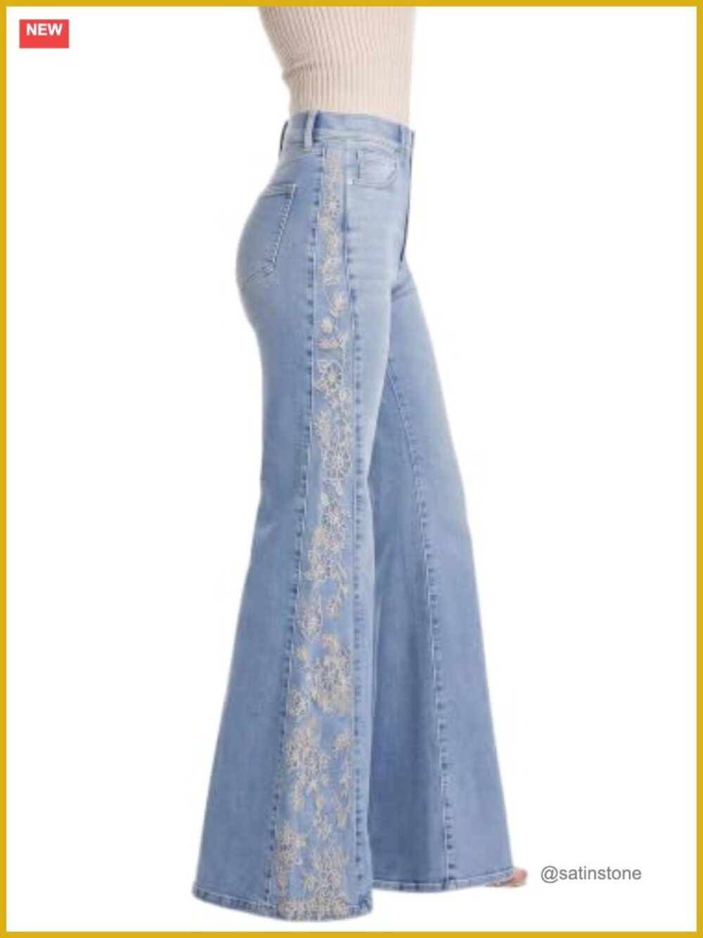 High Waist Flare Leg Stretch Denim Jeans with Embroidery